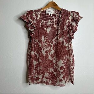 ba&sh Red and White Smocked Blouse with Ruffled Sleeves